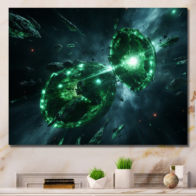 «Green and White Cosmos Explosion I», art mural de la planète espace, H 40 po x l 30 po x P 1,5 po, Toile tendue
