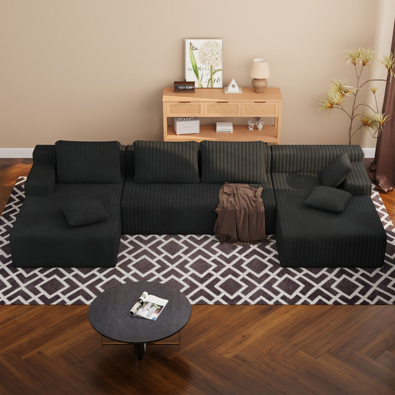 Boneless 96" L-Shaped Boneless Modular Cloud Couch Sectional Sofa, Black Corduroy