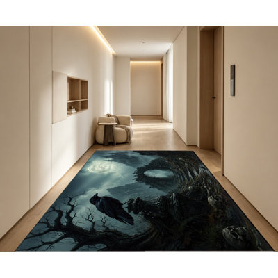 Tapis de style gothique foncé fantaisie, motif de paysage nocturne de lune de crâne de corbeau, artistique artistique, lavable à la machine, envers antidérapant, tapis d'intérieur unique pour le salon, la chambre à coucher, un appartement