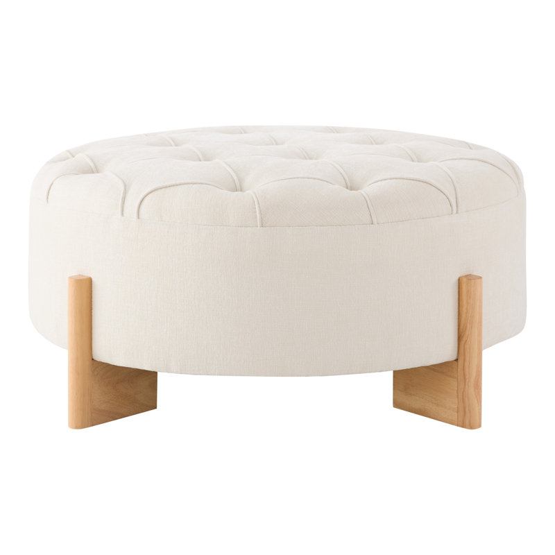 32" Round Tufted Ottoman with Solid Wood Legs, Beige