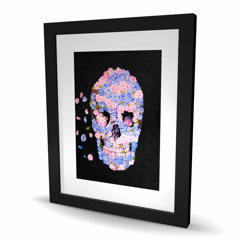 Crâne de fleurs en vol - reproduction encadrée, H 20 po x l 16 po, Noir