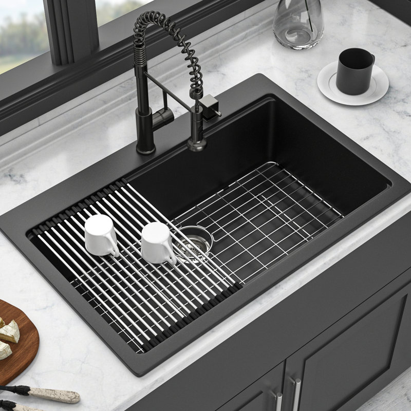33X22" Black Quartz Workstation Sink For Kitchen, Made Of Advanced Material, Non - Porous To Reduce Dirt, Rounded Corners Easy Wiping, Package With Drying Rack And Strainers Granite Composite Kitchen