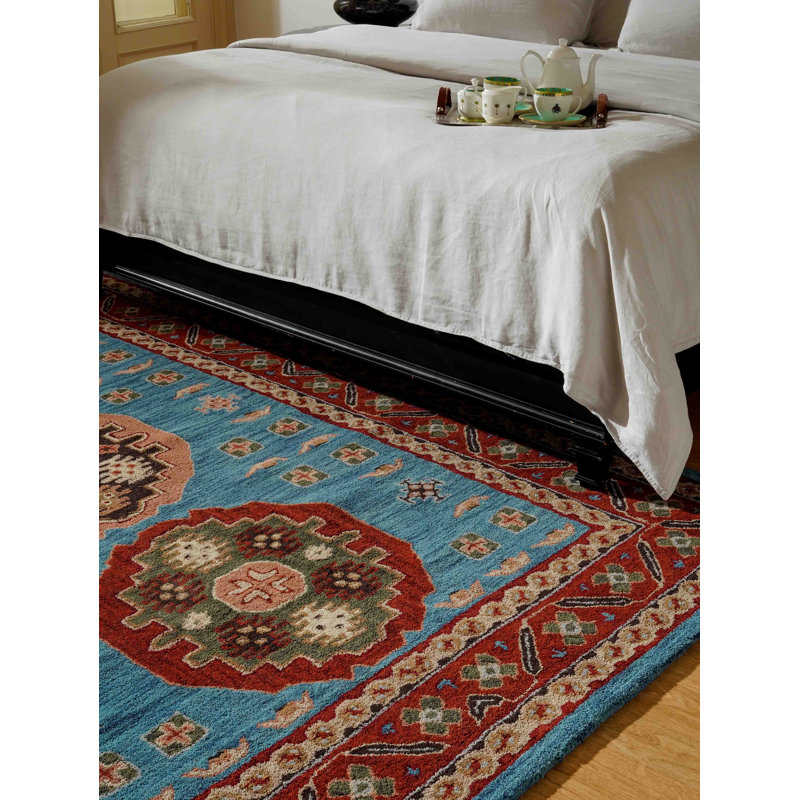 Hand-Tufted Red and Blue Wool 4' x 6' Area Rug