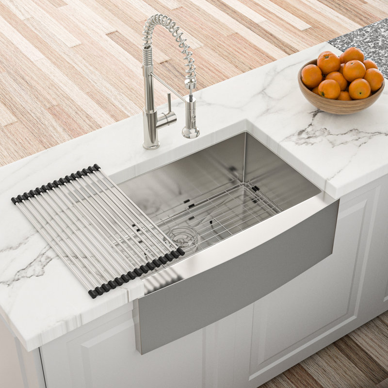 Évier de cuisine à tablier frontal en acier inoxydable T304 de calibre 16 de 24 po de profondeur, guide d'eau en forme de X pour un drainage en douceur, coin arrondi R10, revêtement à condensation, coussin de 3 m, ensemble avec ensemble de drain et