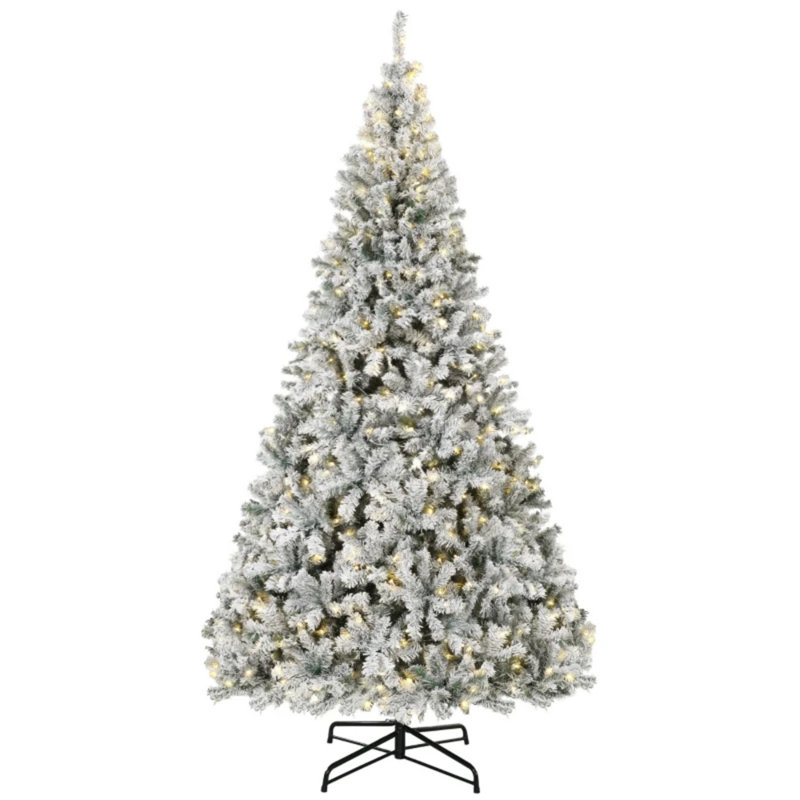 Sapin de Noël artificiel Fraser floqué de 2,74 m (9 pi), préilluminé, branches articulées avec lumières DEL, base métallique robuste et pliable, finition verte et blanche.