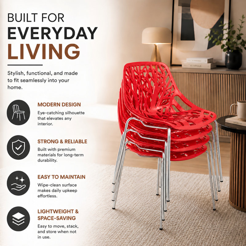 Stackable Dining Side Chairs with Floral Cutout Back and Stainless Steel Legs – Modern Kitchen, Restaurant, or Banquet Seating