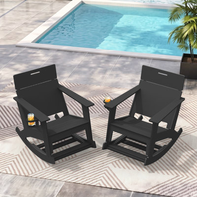 Set of 2 Oversized HDPE Outdoor Rocking Chairs with Wide Backrest and Retractable Footrest