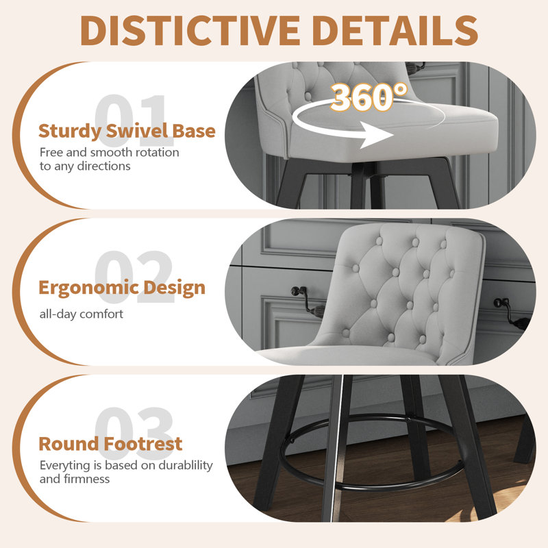 Swivel Upholstered 26'' Counter Stool Wood Leg, Light Gray, Counter Stool (26" Seat Height), 1