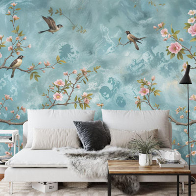 Chinoiserie Cherry Blossom Wall Mural with Birds and Pink Flowers on Teal Watercolor Backdrop Botanical Art for Home Decor