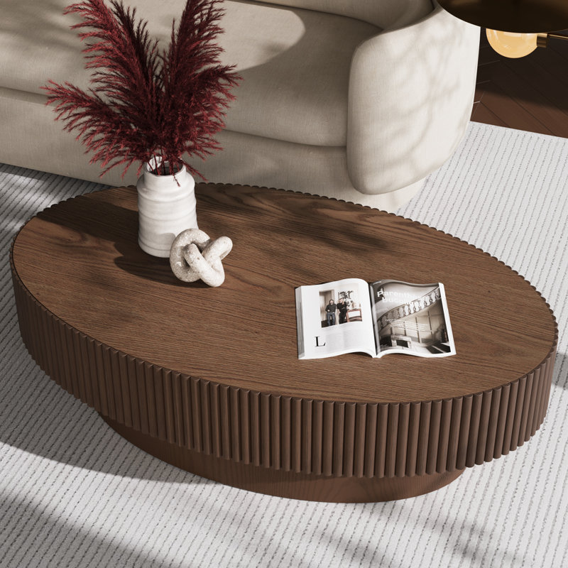 Alethia 44'' Handcrafted Oval Coffee Table – Fluted Solid Wood Design in Red Oak & White Ash, Espresso Brown