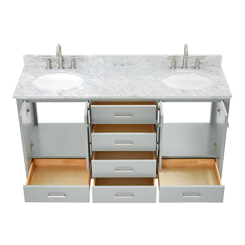 Meuble-lavabo double 67 po avec plateau Flynt, Nickel brossé, gris