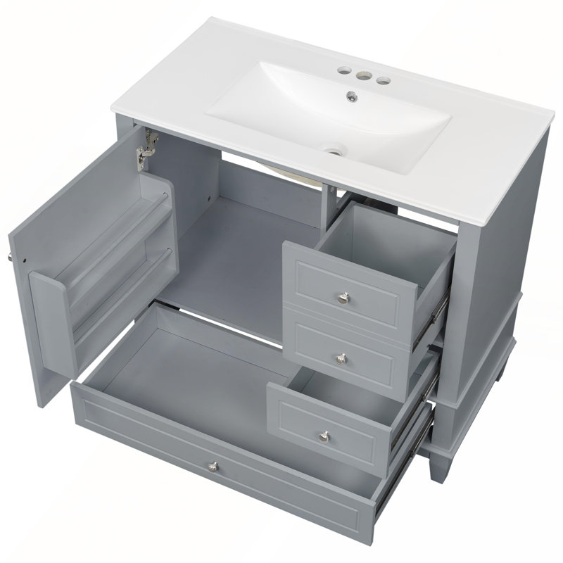 Meuble-lavabo sur pied 36 po avec lavabo en céramique, Gris, 36"