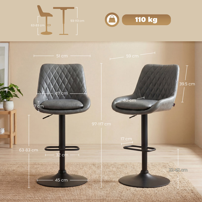 HOMCOM PU Leather Padded Bar Stools Set of 2 with Metal Base, Grey