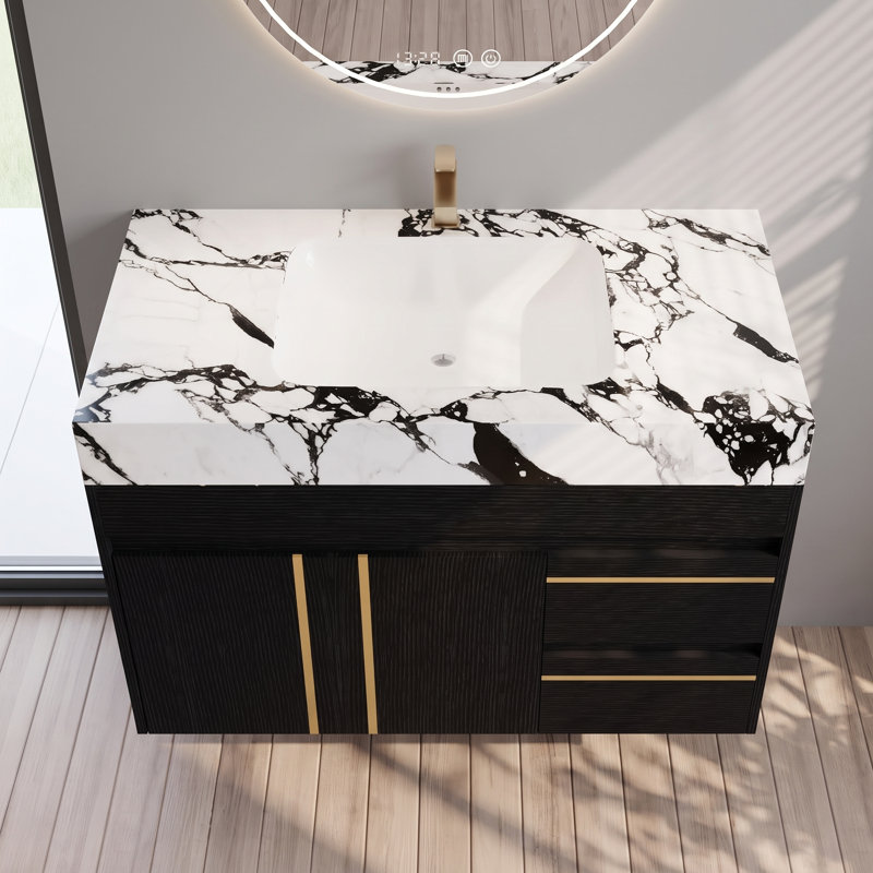 Meuble-lavabo mural simple noir de 91 cm (36 po) avec lavabo en céramique et comptoir en pierre frittée veinée.