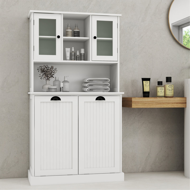 Two-Compartment Tilt-Out Dirty Laundry Basket Tall Bathroom Cabinet With 2 Adjustable Shelves, White