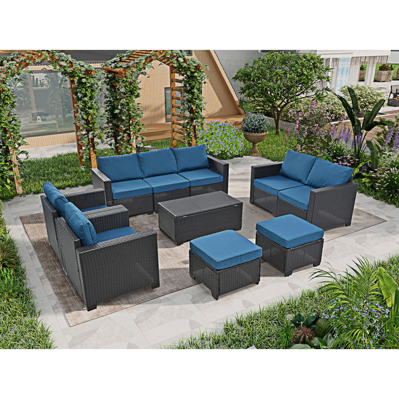Ensemble de canapé modulaire d'extérieur 10 pièces, Bleu, Brun foncé