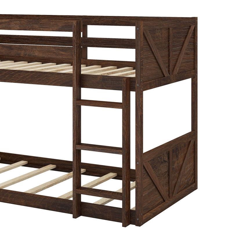 Twin Over Twin Floor Bunk Bed With Panelled Headboard And Footboard, Antique Oak