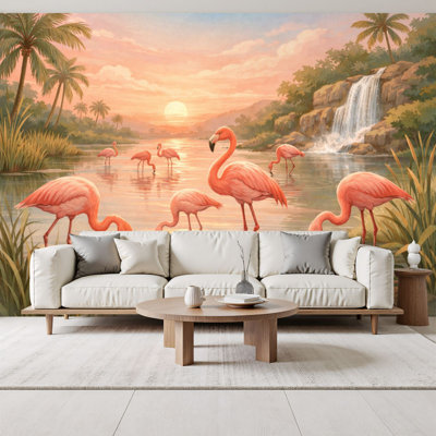 Peel and Stick Wallpaper Flamingos Tropical Lagoon Vintage Pastel Landscape Palm Trees Wall Murals 69"H x 96"W Removable PVC Wall Paper Self-Adhesive Wall Decor for Bedroom Living Room Home Office