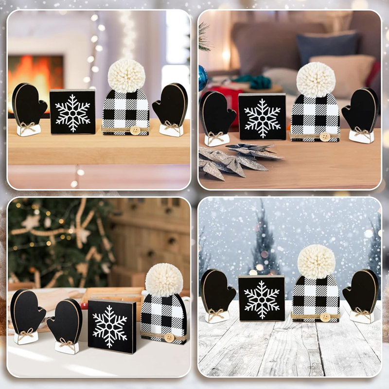 Décoration de table en bois d'hiver - noir / blanc - flocon de neige, gants et chapeau, style campagnard rustique, plateau à niveaux / plateau de table
