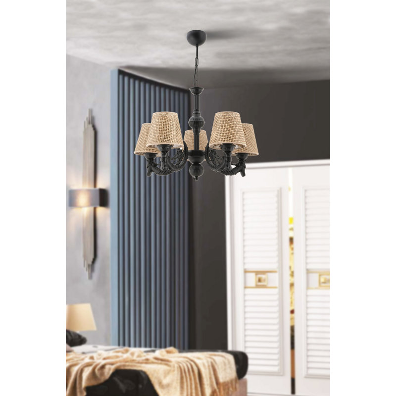 Lustre élégant en métal, finition noire et naturelle, 21,7 po x 13,8 po x 25,6 po | 5 x douilles E27 de 40 W maximum (ampoules non incluses) | Éclairage élégant pour la salle à manger et l'espace de vie, conception durable, indice de protection IP20