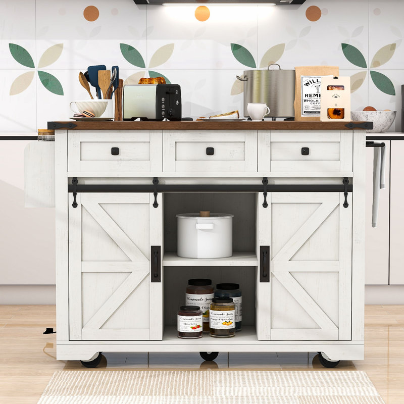 54" Farmhouse Kitchen Island with Drop Leaf, Power Outlet, 3 Drawers, Spice Rack& Wheels, White