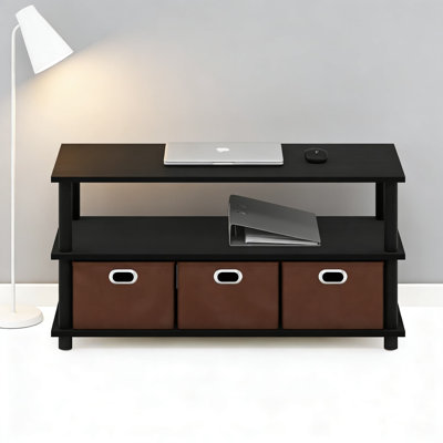 Modern 3-Tier Coffee Table With Storage Bins, Open Shelves And Raised Tabletop For Living Room, Dorm Or Apartment