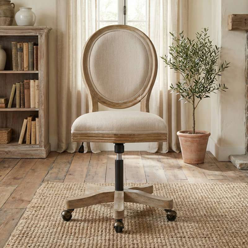 Chaise de bureau pivotante et réglable en hauteur en bois d'hévéa French Country
