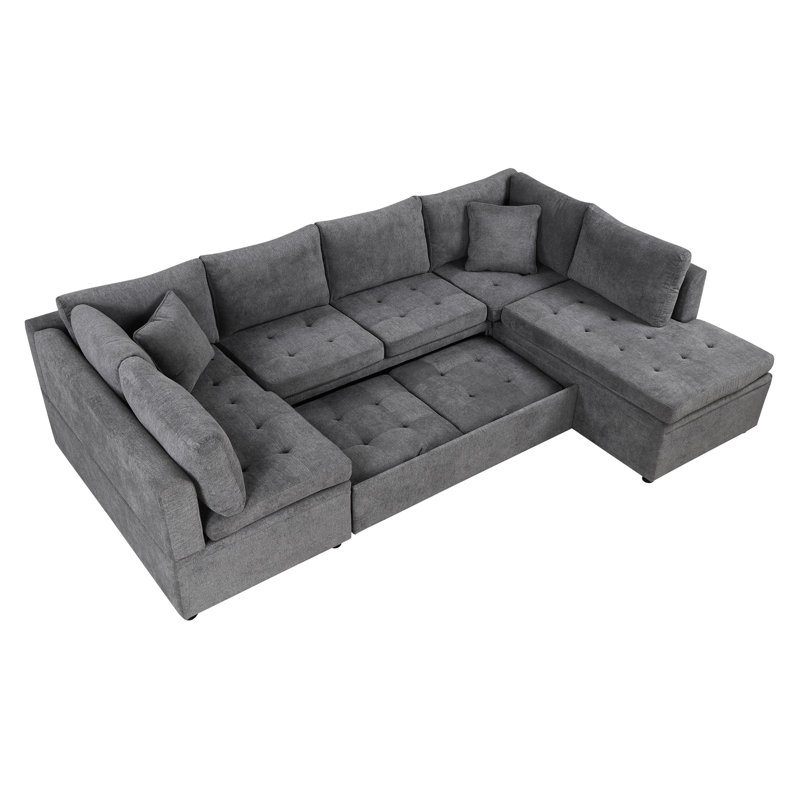 117,3 po en forme de U gris avec fonction escamotable et coussins de soutien lombaires amovibles. Lit surdimensionné spacieux et confortable avec deux coussins, gris. Siège spacieux, mousse, housse en chenille
