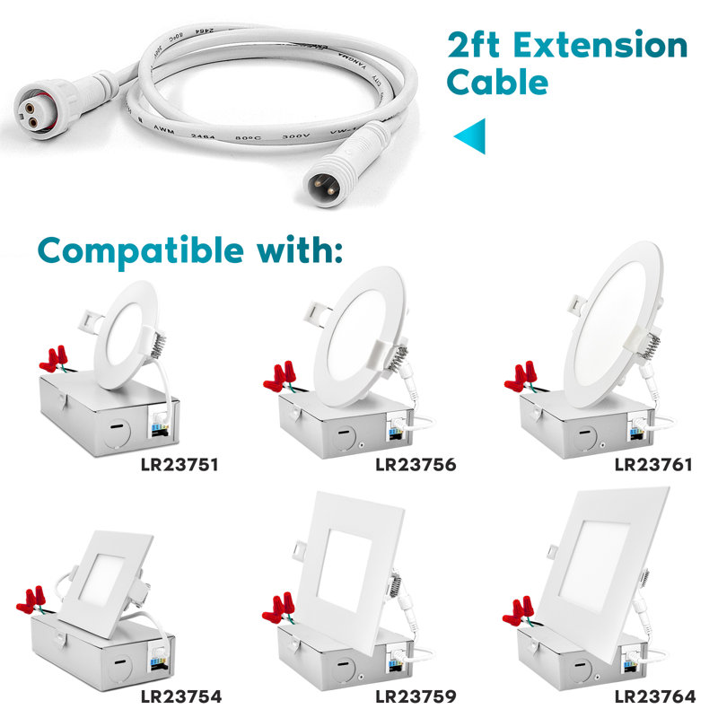 Luxrite 6 FT Extension Cable For Ultra Thin LED Recessed Light, Twist Lock - White, 0.1" H x 0.1" W x 24" D