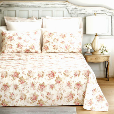 Vintage Rose Blossom Cotton Bedding Set - Queen Size Floral Flat Sheet & Pillow Cases - Cottage Roses Cover