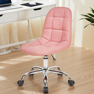 Modern Pink Armless Upholstered Office Chair with Wheels – Adjustable Height Mid-Back Swivel Desk Chair for Home Office, Makeup Vanity, Study, and Small Space – Padded Computer Chair with Casters, Metal Base, 250 lbs Capacity