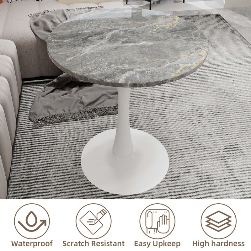 Marble-Top Round Side Table With Tapered Pedestal Base, Ideal For Living Room, Modern Minimalist Design, Gray, White
