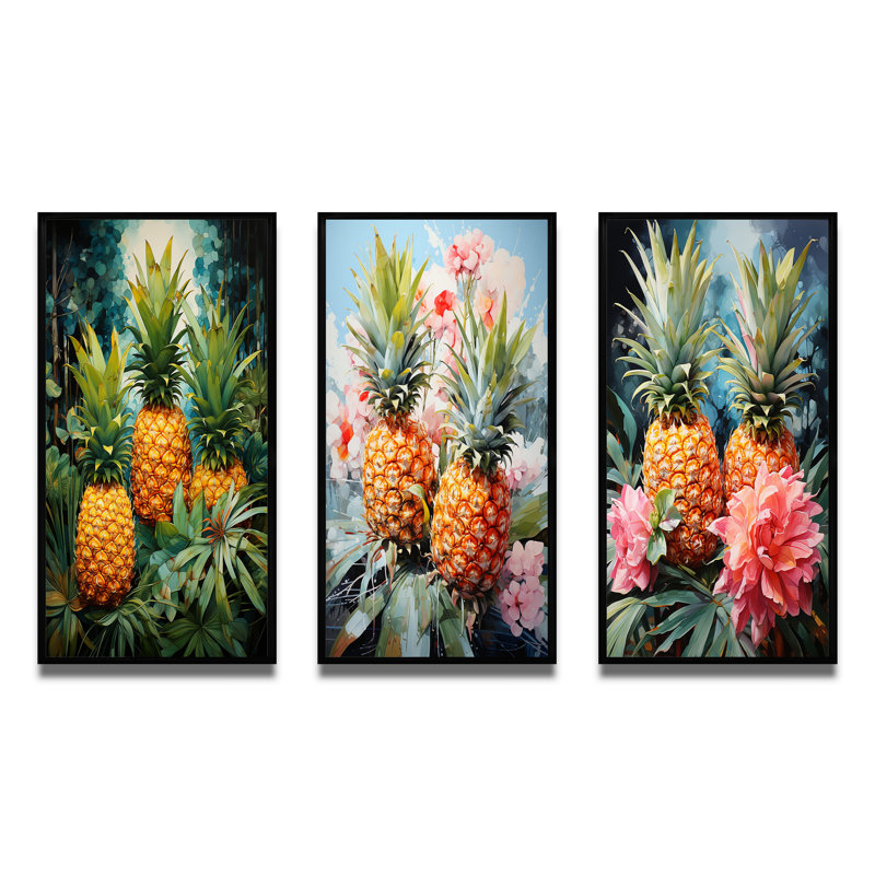 «Pineapples Tropical Dots», 3 pièces sur toile, Cadre flottant noir, H 40 po x l 60 po