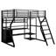 Lit mezzanine double en métal avec poste de travail intégré, garde-robe ouverte, DEL et rangement multiple