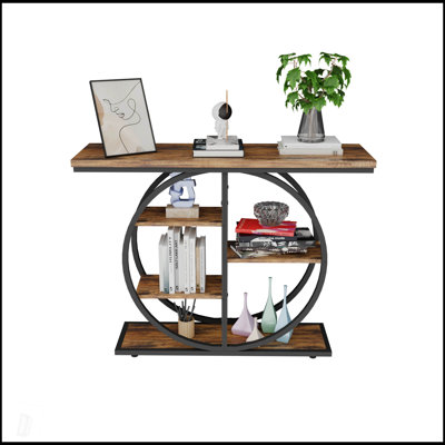 41.3 Inch Industrial Console Table With Storage Shelves, Circle Base, And Rustic Wood Grain For Modern Entryways And Living Rooms