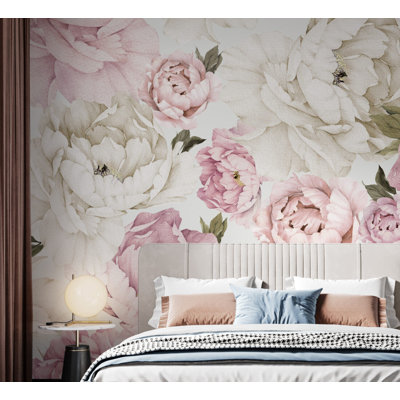 Papier peint floral pivoine rose et crème avec grande aquarelle