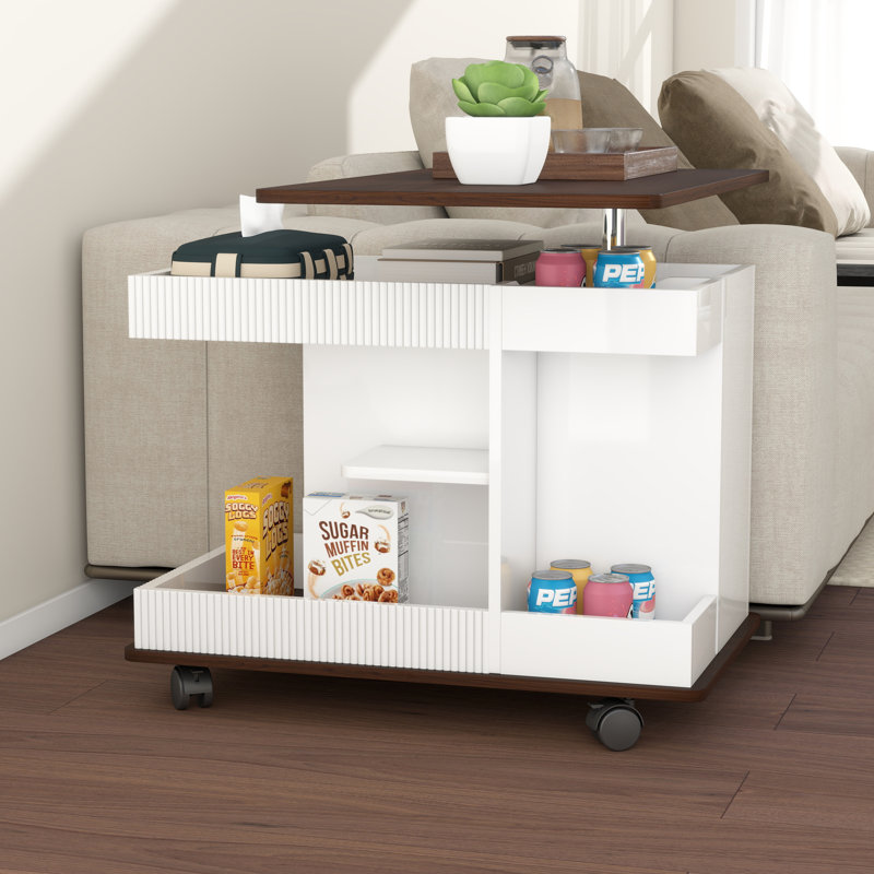 Adjustable End Table With Wheels,Modern Side Table With 360°Rotating Top And Storage Space, White