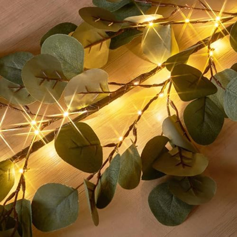 Lighted Artificial Eucalyptus Garland 6FT 96 LED Battery Operated Faux Vine Lights With Timer For Spring Wedding Backdrop Wall Decoration
