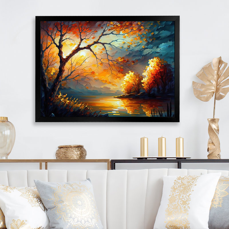 «Forest Scenery by a Lake», reproduction sur toile, Impression noire sur toile encadrée, H 12 po x l 20 po x P 1 po