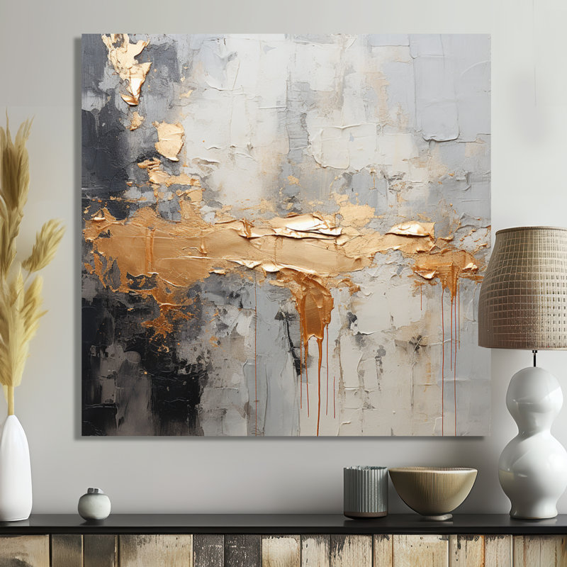 Opulence horizontale, blanc, gris, noir, or - art mural abstrait, 36" H x 36" W, Wrapped Canvas