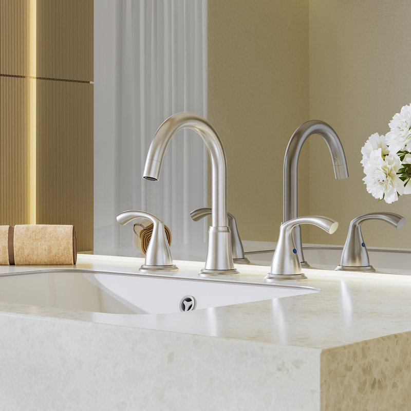 8 Inch Brushed Nickel Antique Rotatable Widespread Bathroom Faucet - Pull-Out Sprayer, Metal Pop-Up Drain, Water Supply Lines, 2 Handles For 3-Hole Sinks