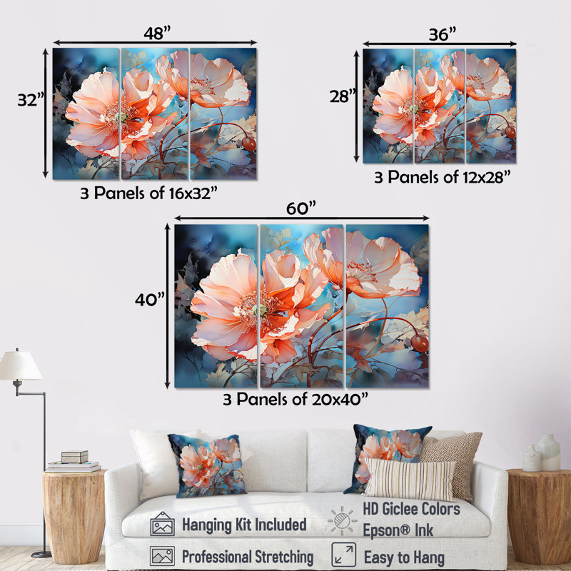 Vivid Poppy Moments - ensemble de reproductions d'art mural coquelicots, Toile tendue, H 28 po x l 36 po x P 1 po