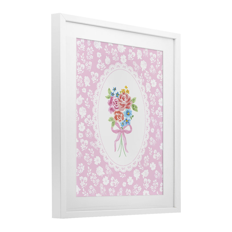 «Pink Feminine Bouquet», reproduction sous verre, conception de Corinne Haig, H 16 po x l 13 po, Cadre blanc côtier