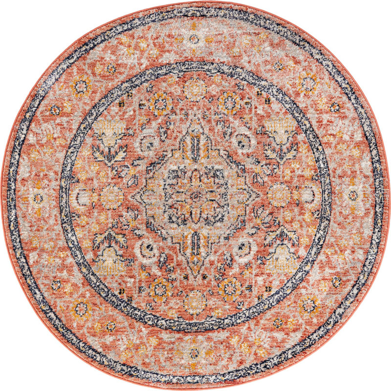Tapis oriental jaune Alkire, Rond 5 pi 2 po, Brick Red