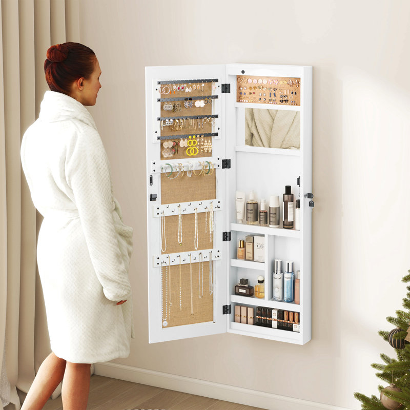 Armoire de rangement pour armoire à bijoux en bois massif avec miroir pleine grandeur, verrouillable au mur 47,5 x 14,3 po avec lumière DEL