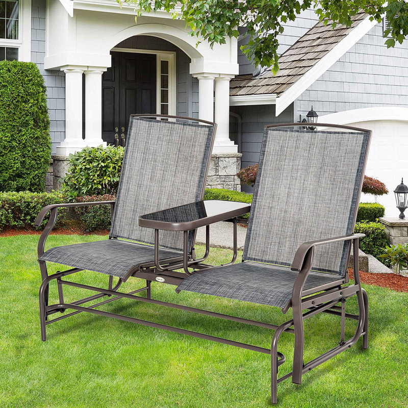 Metal Frame Glider Seat With Center Table Included. Gray Patio For Outdoor. Double Gliding Joy. Breathable Mesh Fabric. 726 Lbs. Load Capacity. Fits Backyard, Garden, Porch. 32"d X 58.25"w 39.25"h