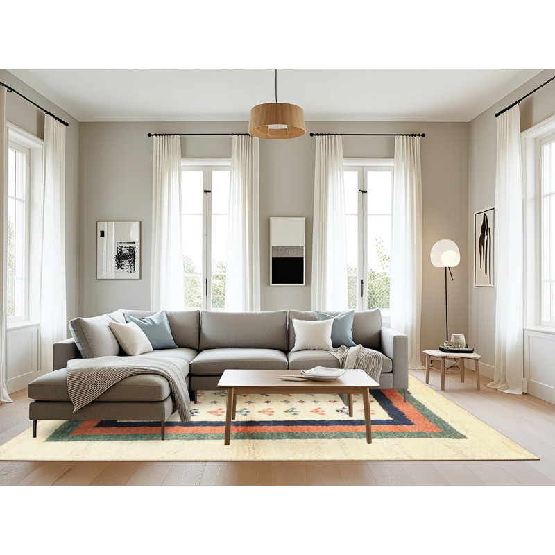 Tapis contemporain beige / vert / bleu, Rectangle 8 pi x 10 pi