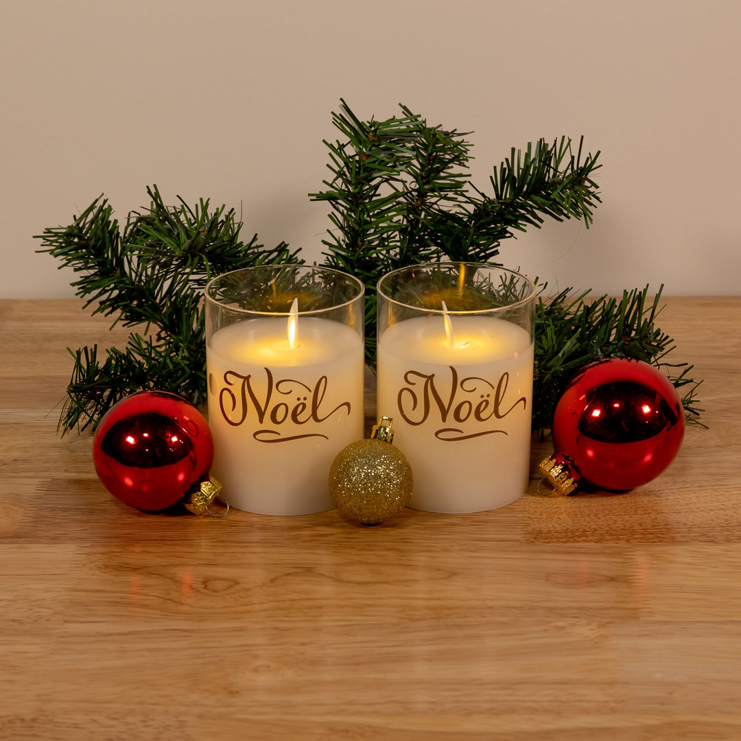 Battery Operated LED Glass Candles with Flickering Flame, Noël - 2 Piece (Set of 2) The Holiday Aisle®