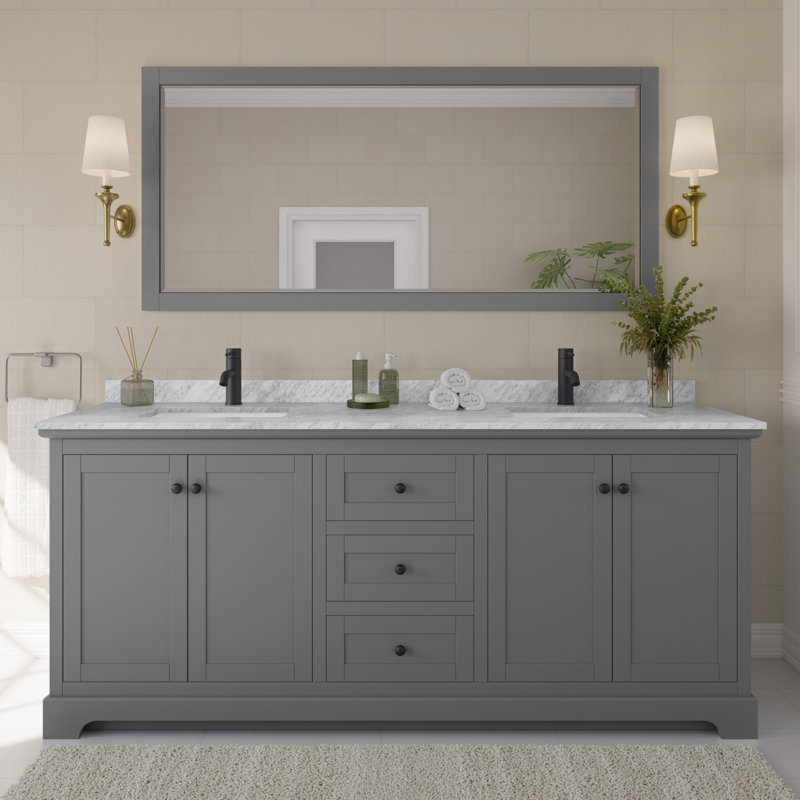 Ensemble de meuble-lavabo double 80 "avec miroir Avery, Gris foncé, Noir mat