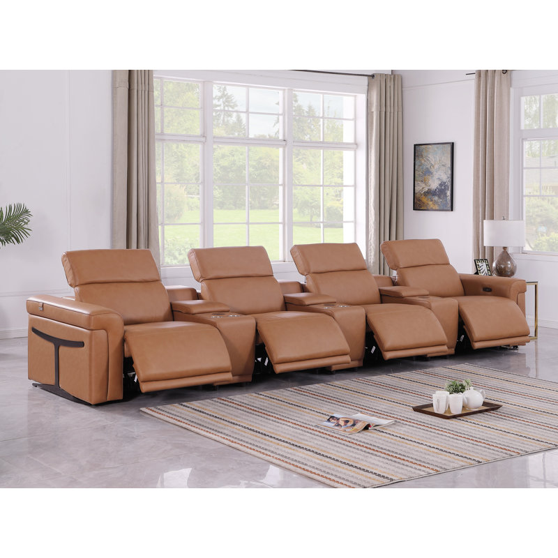 7-Piece 4-Power Reclining Italian Leather Sofa With Power Headrest, Cognac